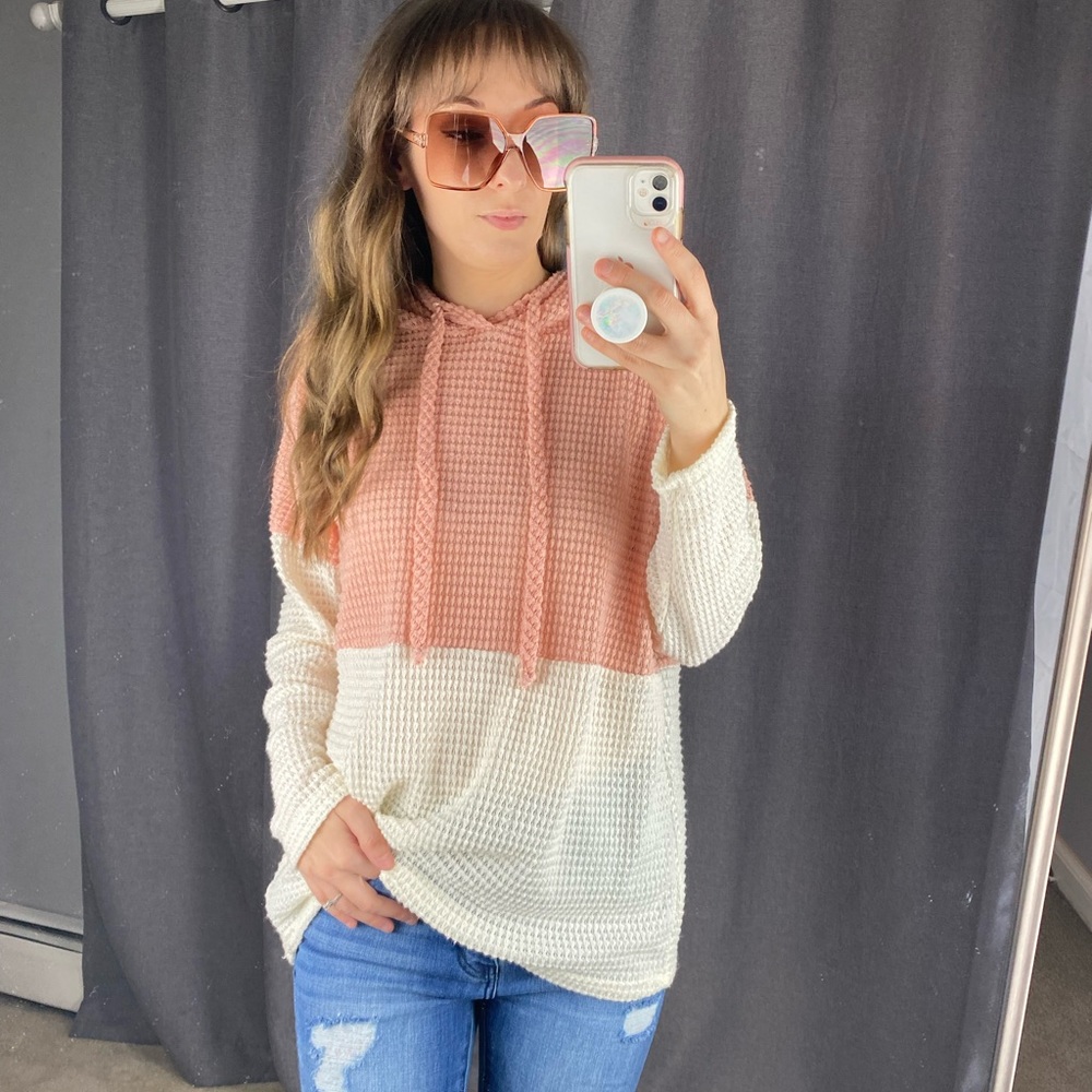 Waffle knit lightweight color block pullover